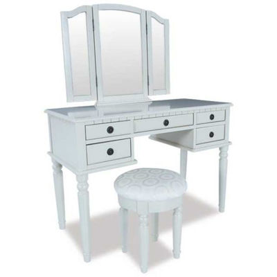 Picture of 3 Piece White Vanity Set with Mirror and Stool