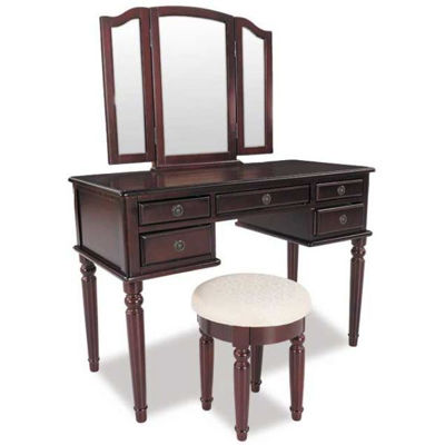 Picture of 3 Piece Cherry Vanity Set with Mirror and Stool