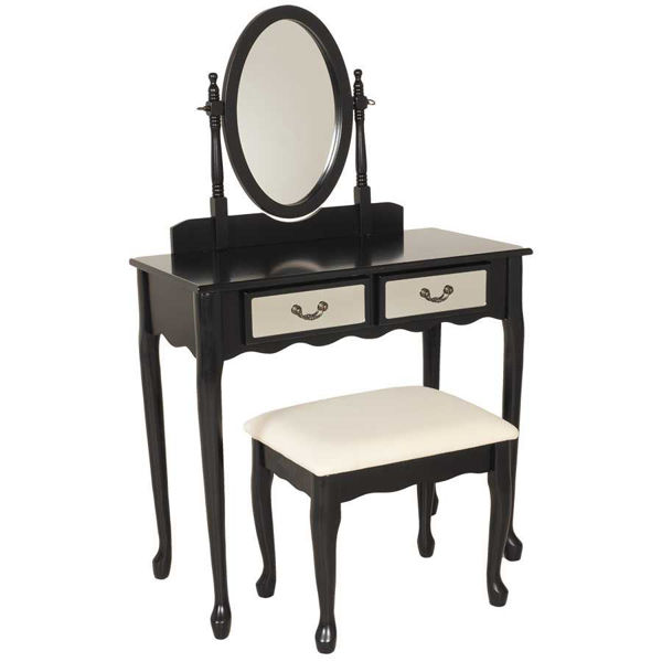 Black Vanity Set With Mirror And Bench, 3 Piece Vanity Set
