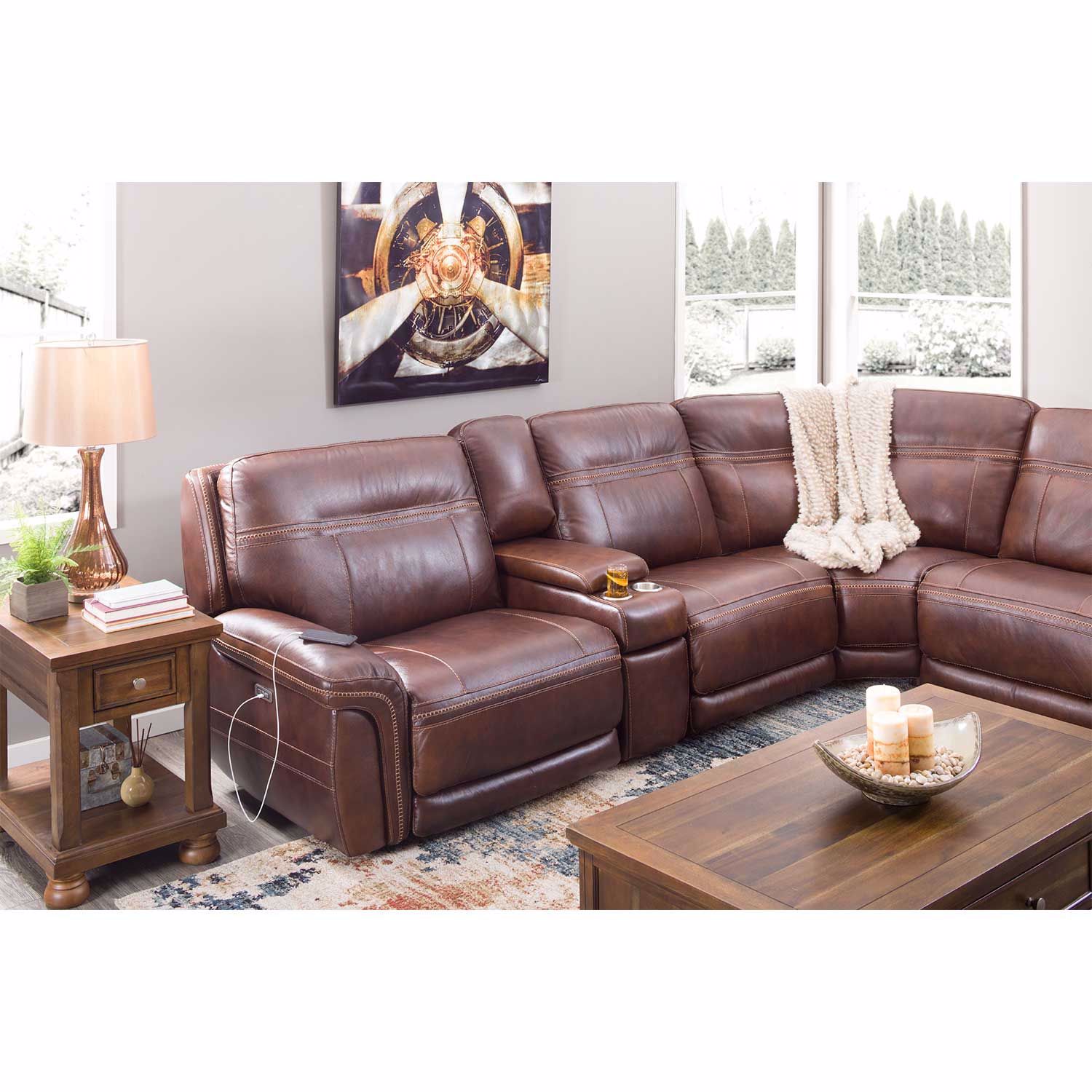 0115847 Dean 6 Piece Leather Power Reclining Sectional With Adjustable Headrests 