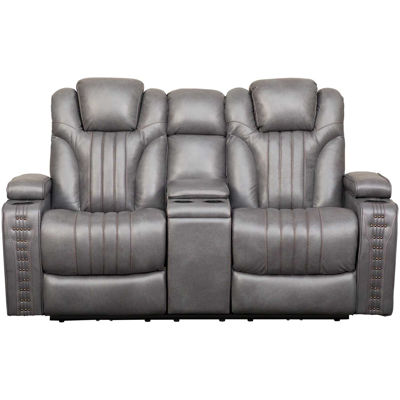 Picture of Outsider Gunmetal Gray Leather Power Reclining Console Loveseat with Power Adjustable Headrest