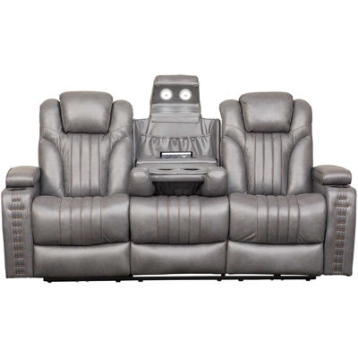 Picture of Outsider Gunmetal Gray Leather Power Reclining Sofa with Drop Table and Power Adjustable Headrest