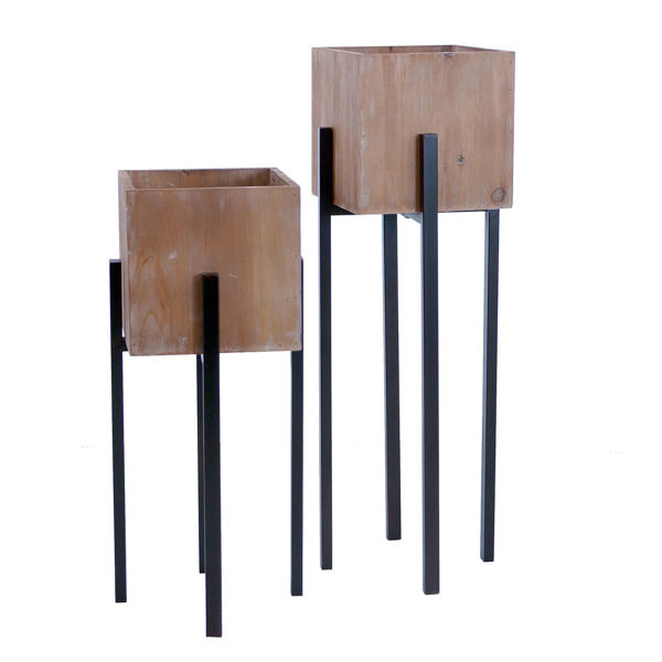 Picture of Set 2 Wood Metal Tall Planters