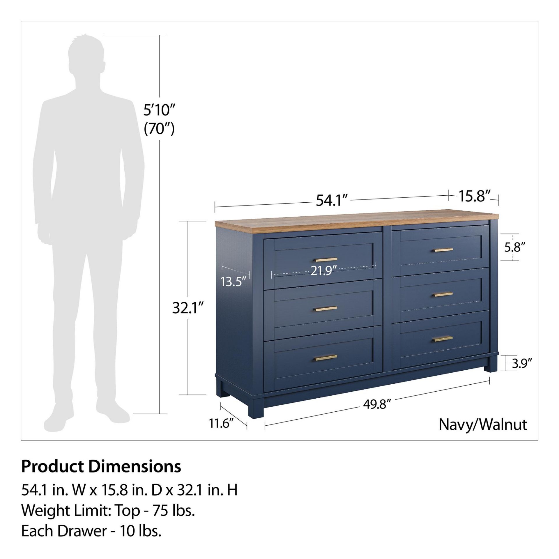 5987837 Armada 6Drawer Wide Dresser, Navy with Walnut top