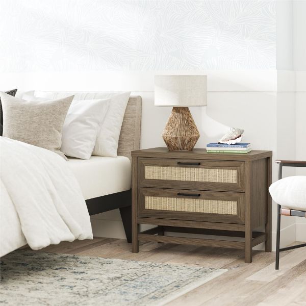 2548342 Lennon 2Drawer Nightstand, Brown and Faux Rattan