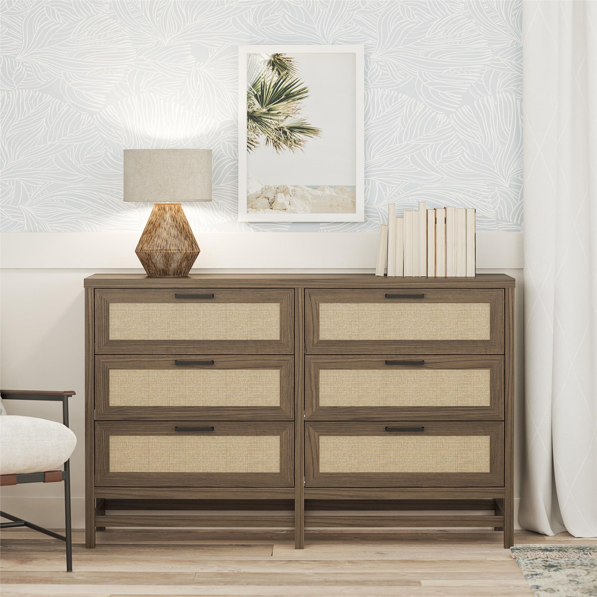 3663342 Lennon 6Drawer Dresser, Brown and Faux Rattan