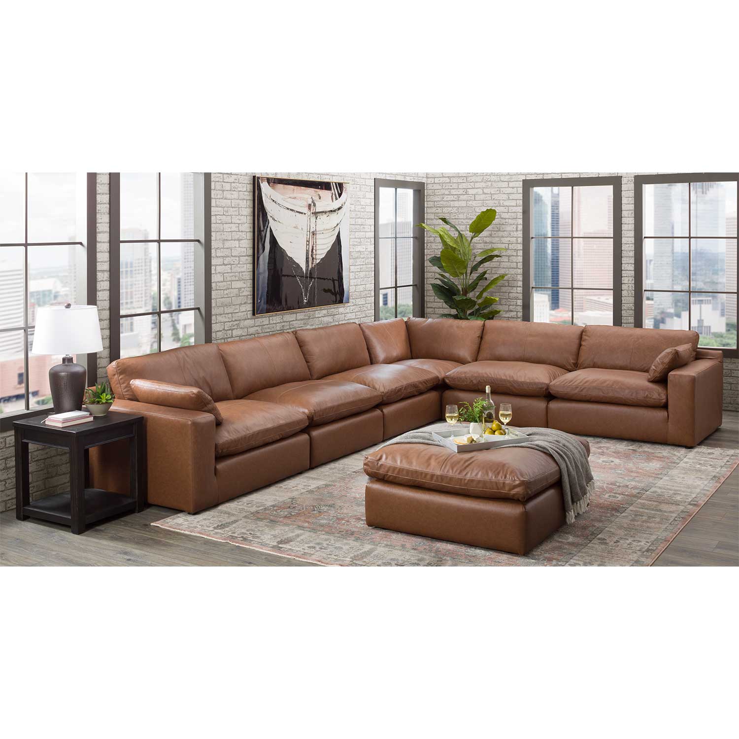 Emilia Carmel Leather 6 Piece Sectional | 0D0-309-6PC | AFW.com