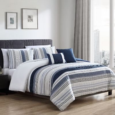 Picture of Allen Cream Blue Stripe Queen Bedding Set