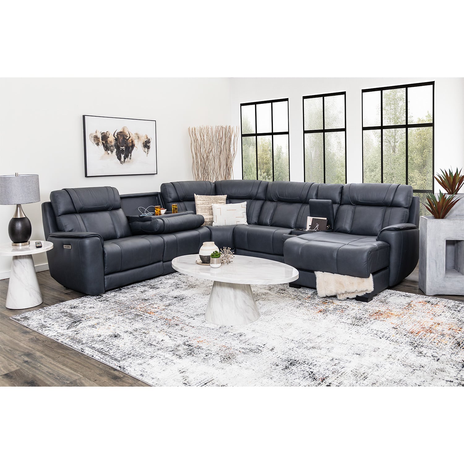 Aura 6PC Leather Sound Dual Power Recline Sectional - | AFW.com
