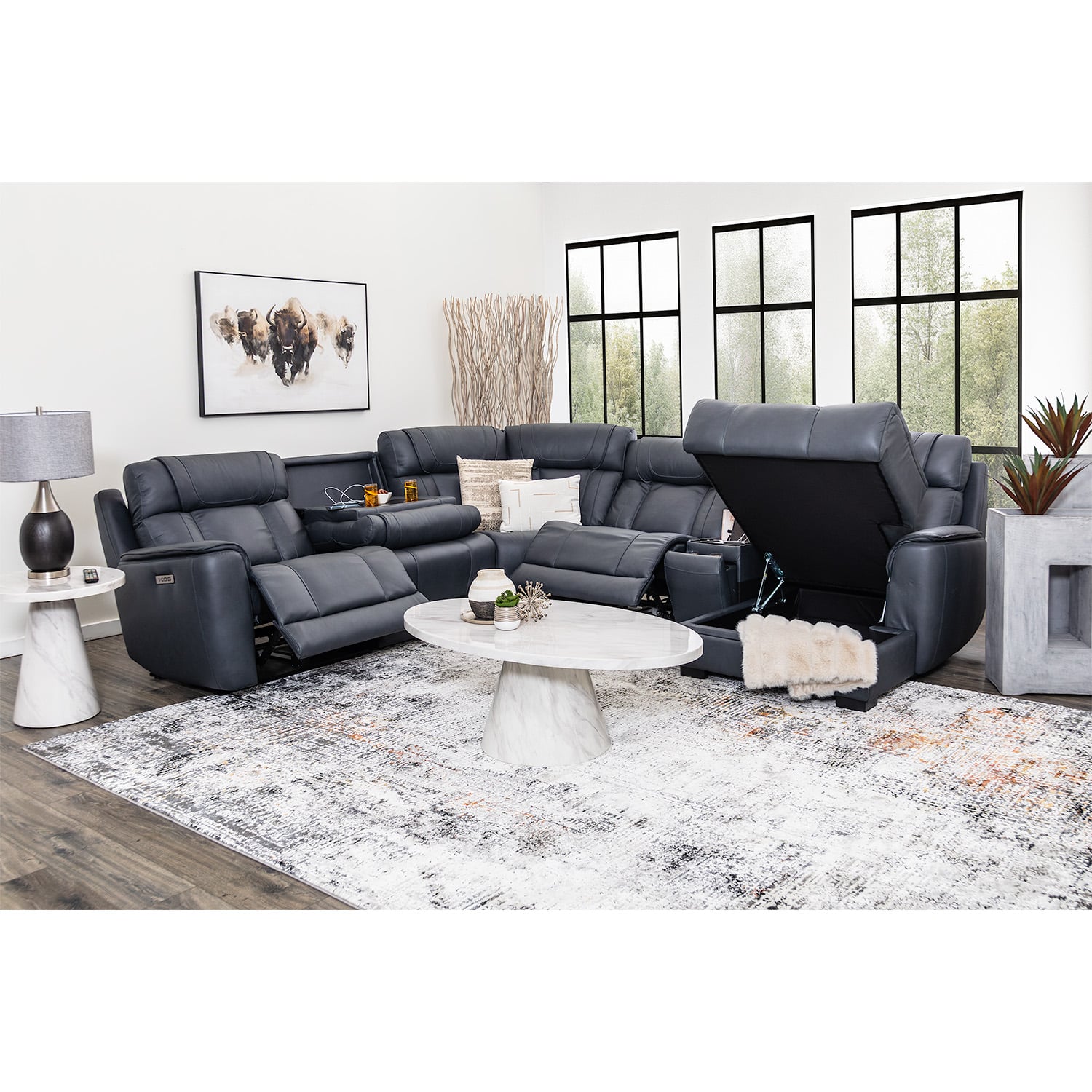 Aura 6PC Leather Sound Dual Power Recline Sectional - | AFW.com